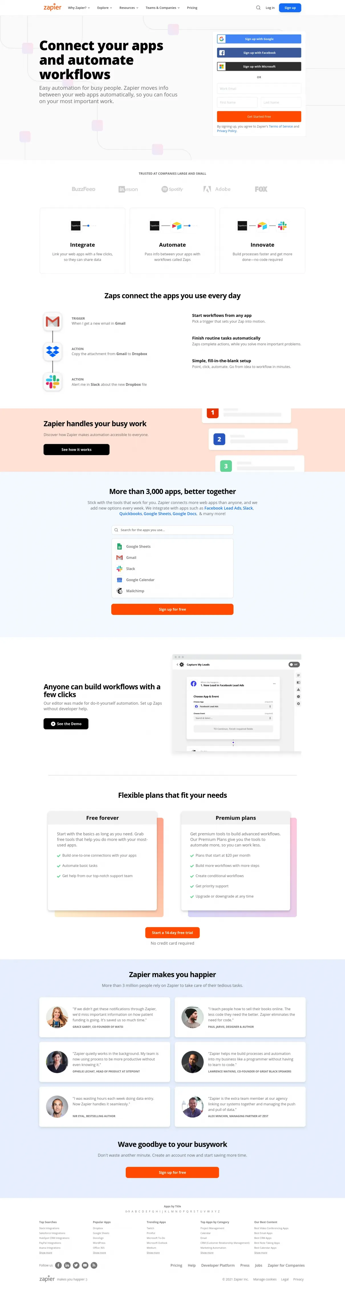 Screenshot of zapier.com website as example of nice website design