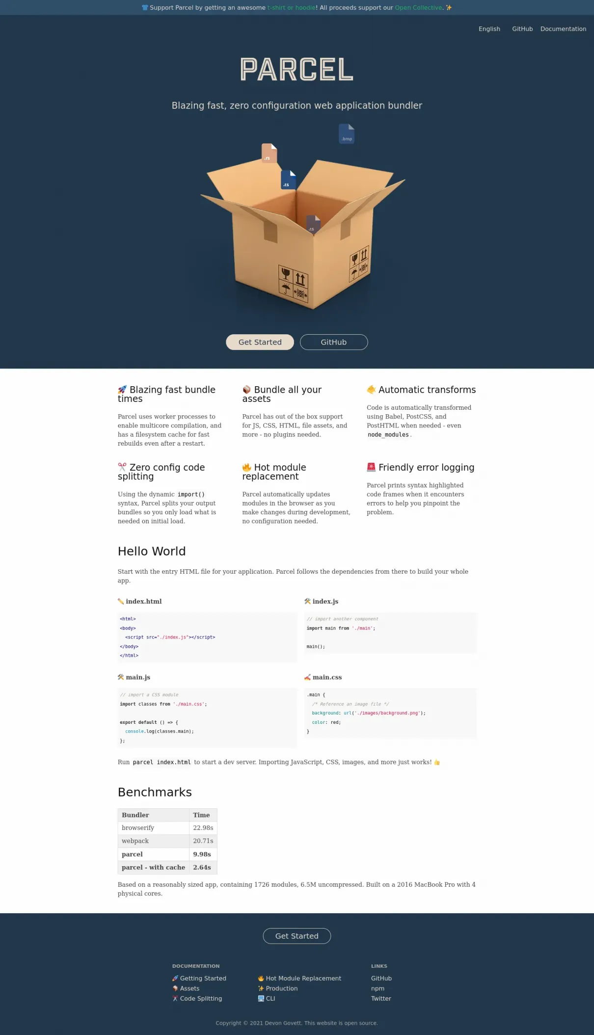 Screenshto of simlle nice website design of parceljs.org websit