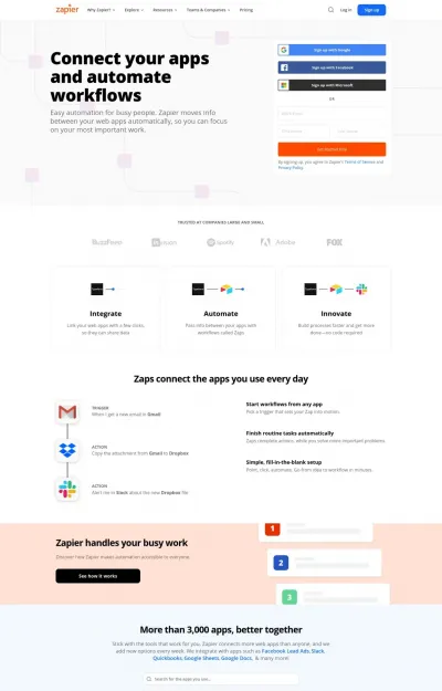 Screenshot of zapier.com website as example of nice website design