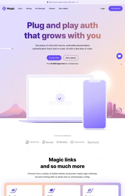 Screenshot of nice magic.link site